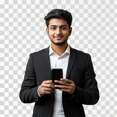 Generate an image of an bangladeshi young man in 30s in business attire, standing with a focused and slightly happy expression, using his mobile phone. The entire background should be completely white, with no additional elements, to emphasize the simplicity and focus on the task at hand.