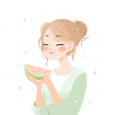 a cute girl happily eating a slice of melon happily, big smile, sparkly eyes, simple cartoon, minimal detail, soft pastel colors, isolated on white background rofile 8hut2mu