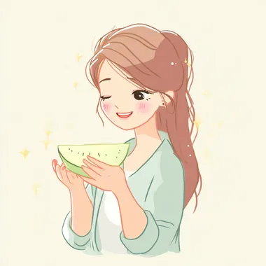 a cute girl happily eating a slice of melon happily, big smile, sparkly eyes, simple cartoon, minimal detail, soft pastel colors, isolated on white background rofile 8hut2mu
