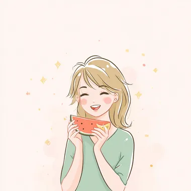 a cute girl happily eating a slice of melon happily, big smile, sparkly eyes, simple cartoon, minimal detail, soft pastel colors, isolated on white background rofile 8hut2mu