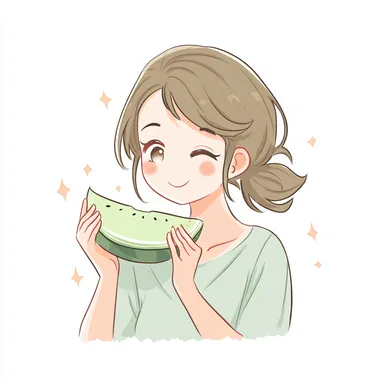 a cute girl happily eating a slice of melon happily, big smile, sparkly eyes, simple cartoon, minimal detail, soft pastel colors, isolated on white background rofile 8hut2mu