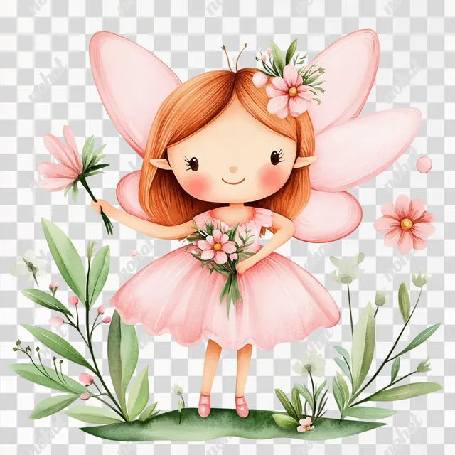PNG Cute pink fairy girl with flowers in hair and hand, children's art
