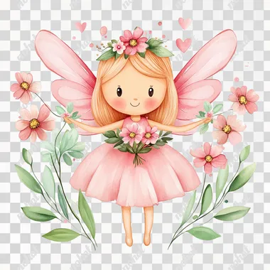 high quality watercolor clipart, cute pink fairy with flowers, childrens illustration, vintage feel, on a plain white background rofile 7uwab4n