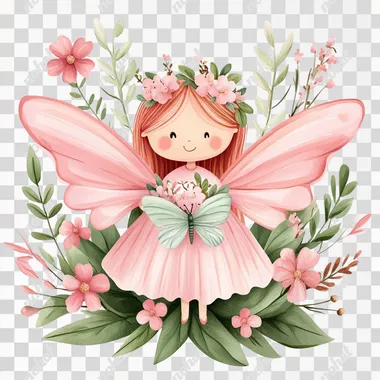 high quality watercolor clipart, cute pink fairy with flowers, childrens illustration, vintage feel, on a plain white background rofile 7uwab4n
