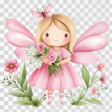 high quality watercolor clipart, cute pink fairy with flowers, childrens illustration, vintage feel, on a plain white background rofile 7uwab4n