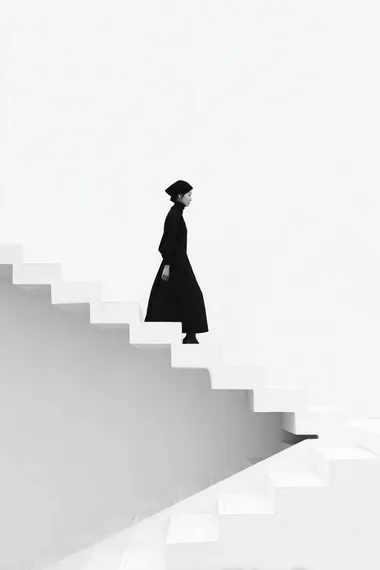 a minimalist poster design featuring a stylish Korean woman in her 20s or 30s walking up invisible stairs in profile, wearing elegant modern clothing, high fashion editorial vibe, monochrome composition with lots of white space, clean Bauhaus-inspired layout, isolated figure, conceptual photography style   --s 50 --raw