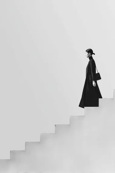 a minimalist poster design featuring a stylish Korean woman in her 20s or 30s walking up invisible stairs in profile, wearing elegant modern clothing, high fashion editorial vibe, monochrome composition with lots of white space, clean Bauhaus-inspired layout, isolated figure, conceptual photography style   --s 50 --raw