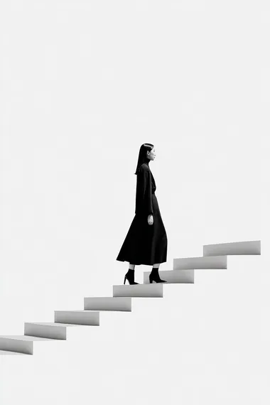 a minimalist poster design featuring a stylish Korean woman in her 20s or 30s walking up invisible stairs in profile, wearing elegant modern clothing, high fashion editorial vibe, monochrome composition with lots of white space, clean Bauhaus-inspired layout, isolated figure, conceptual photography style   --s 50 --raw