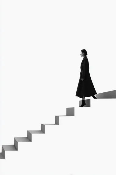 a minimalist poster design featuring a stylish Korean woman in her 20s or 30s walking up invisible stairs in profile, wearing elegant modern clothing, high fashion editorial vibe, monochrome composition with lots of white space, clean Bauhaus-inspired layout, isolated figure, conceptual photography style   --s 50 --raw