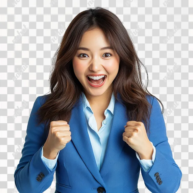 PNG Asian businesswoman in blue suit raises fist in excitement, office setting