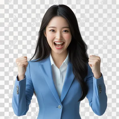 Asian business woman, blue suite, excited, white background --s 250