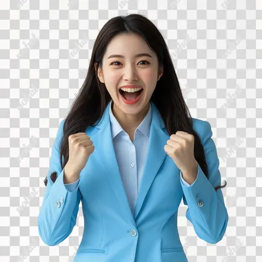 Asian business woman, blue suite, excited, white background --s 250