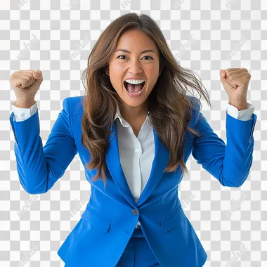 Asian business woman, blue suite, excited, white background --s 250