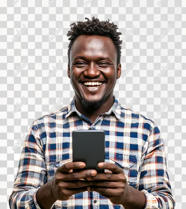 35-year-old African of sub-Saharan, eyes opening, origin showing smile or joy about winning an online sports bet, holding a smartphone in one hand,transparent background, wide shot