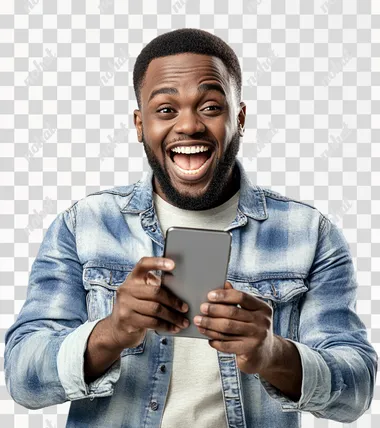 35-year-old African of sub-Saharan, eyes opening, origin showing smile or joy about winning an online sports bet, holding a smartphone in one hand,transparent background, wide shot