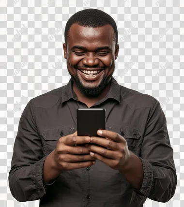 35-year-old African of sub-Saharan, eyes opening, origin showing smile or joy about winning an online sports bet, holding a smartphone in one hand,transparent background, wide shot