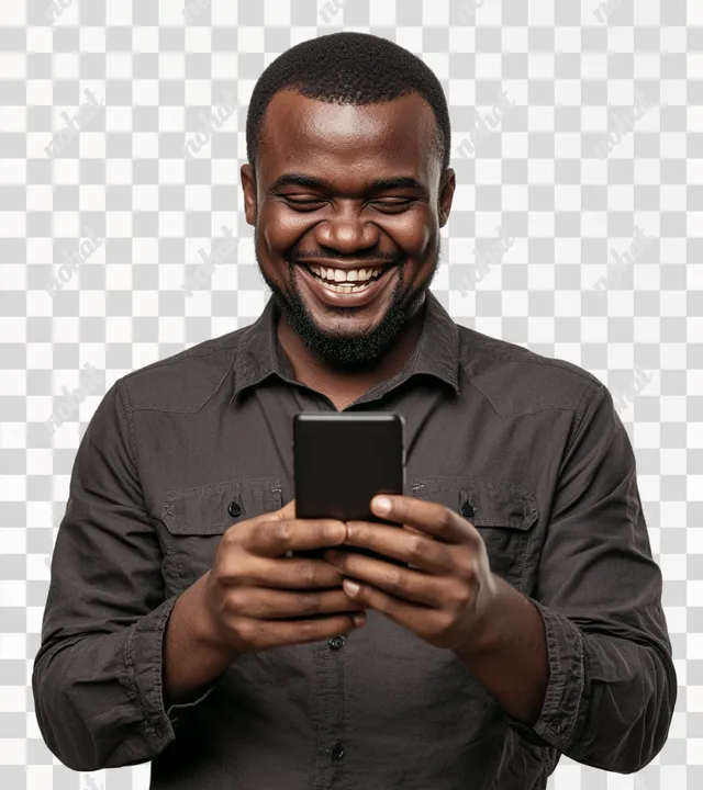 PNG African man celebrating online sports bet win, smartphone in hand, joyful