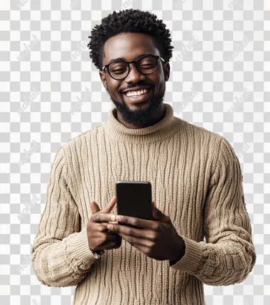 35-year-old African of sub-Saharan, eyes opening, origin showing smile or joy about winning an online sports bet, holding a smartphone in one hand,transparent background, wide shot