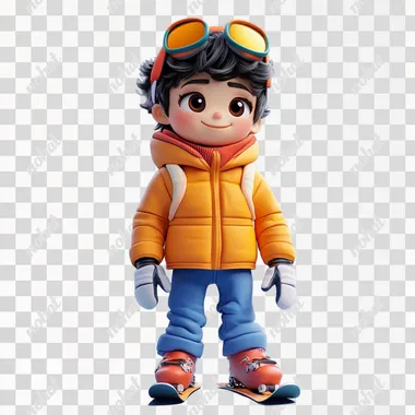 a cute boy wearing fashionable ski clothes , long shot , Pixar style, Disney style , gradient background , 3D rendering, 3D, Blender, C4D, Octane rendering