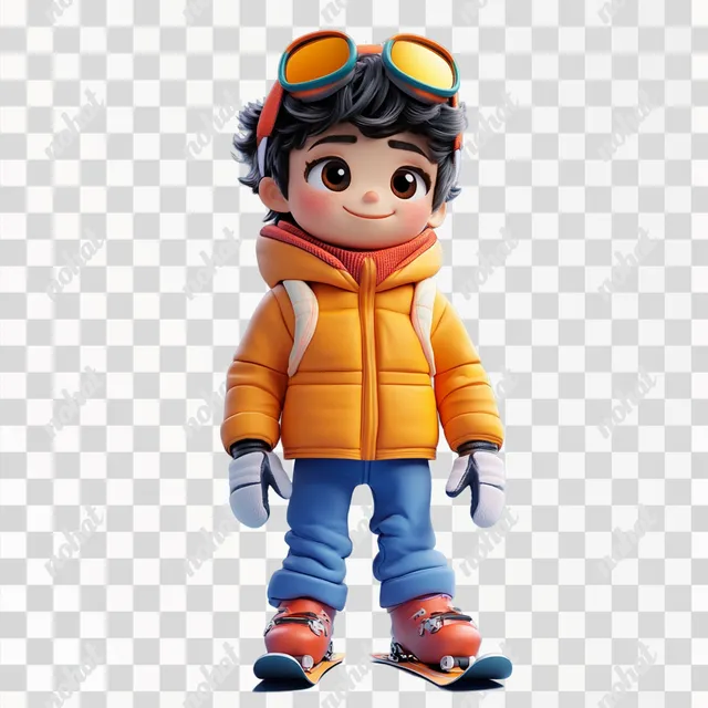 PNG Cute cartoon boy in fashionable ski clothes with snowboard, 3D render
