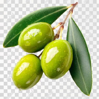 create a foto, two or three green Olives, with leaf, vibrant colors, white background