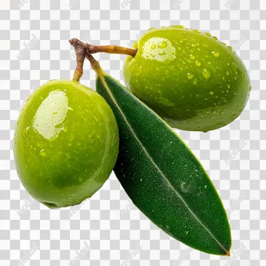 create a foto, two or three green Olives, with leaf, vibrant colors, white background