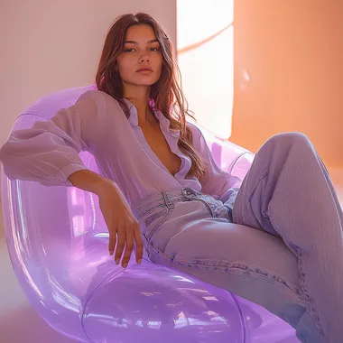 High-end fashion editorial featuring a modern, elegant woman dressed for seated gracefully on a large lavender, translucent inflatable chair. The woman is dressed in a chic, contemporary summer outfit: light color denim, lightblue shirt, minimal white sneakers. Her hairstyle tidy, straight, tied in a low ponytail, exuding effortless sophistication. The setting is minimalistic with a smooth gradient background in pastel peach and cream tones. Soft, diffused lighting enhances the dreamy atmosphere, reflecting gently off the glossy surface of the translucent chair. Editorial photography style, elegant pose.  --s 250