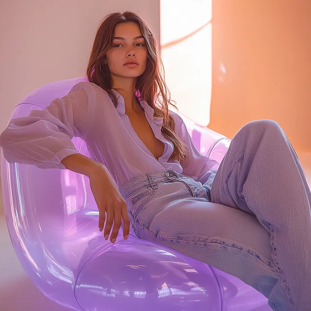 a woman sitting on a purple chair in a room