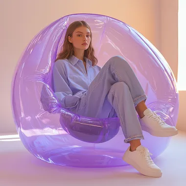 High-end fashion editorial featuring a modern, elegant woman dressed for seated gracefully on a large lavender, translucent inflatable chair. The woman is dressed in a chic, contemporary summer outfit: light color denim, lightblue shirt, minimal white sneakers. Her hairstyle tidy, straight, tied in a low ponytail, exuding effortless sophistication. The setting is minimalistic with a smooth gradient background in pastel peach and cream tones. Soft, diffused lighting enhances the dreamy atmosphere, reflecting gently off the glossy surface of the translucent chair. Editorial photography style, elegant pose.  --s 250