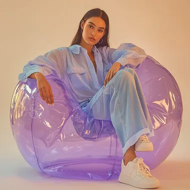 High-end fashion editorial featuring a modern, elegant woman dressed for seated gracefully on a large lavender, translucent inflatable chair. The woman is dressed in a chic, contemporary summer outfit: light color denim, lightblue shirt, minimal white sneakers. Her hairstyle tidy, straight, tied in a low ponytail, exuding effortless sophistication. The setting is minimalistic with a smooth gradient background in pastel peach and cream tones. Soft, diffused lighting enhances the dreamy atmosphere, reflecting gently off the glossy surface of the translucent chair. Editorial photography style, elegant pose.  --s 250