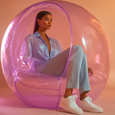 High-end fashion editorial featuring a modern, elegant woman dressed for seated gracefully on a large lavender, translucent inflatable chair. The woman is dressed in a chic, contemporary summer outfit: light color denim, lightblue shirt, minimal white sneakers. Her hairstyle tidy, straight, tied in a low ponytail, exuding effortless sophistication. The setting is minimalistic with a smooth gradient background in pastel peach and cream tones. Soft, diffused lighting enhances the dreamy atmosphere, reflecting gently off the glossy surface of the translucent chair. Editorial photography style, elegant pose.  --s 250