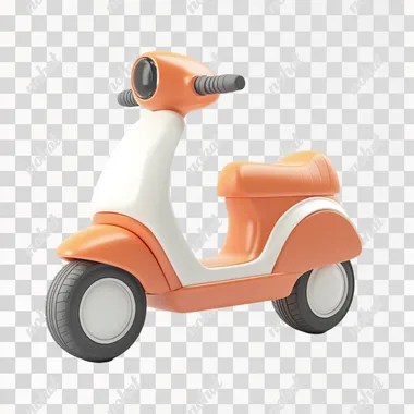 3D rendering of a cartoon-style, orange and white electric scooter or toy car for children, isolated on a pure background.
