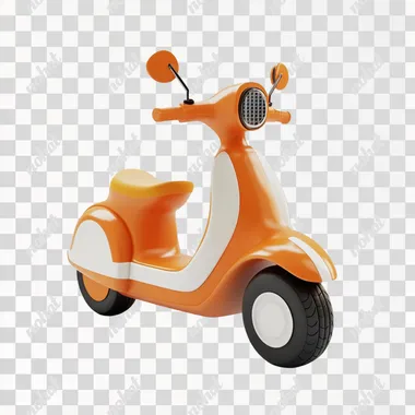 3D rendering of a cartoon-style, orange and white electric scooter or toy car for children, isolated on a pure background.