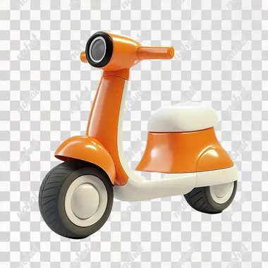 3D rendering of a cartoon-style, orange and white electric scooter or toy car for children, isolated on a pure background.