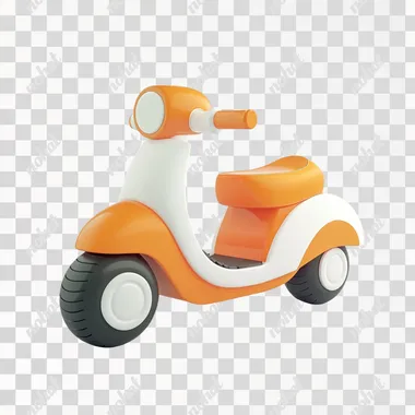 3D rendering of a cartoon-style, orange and white electric scooter or toy car for children, isolated on a pure background.