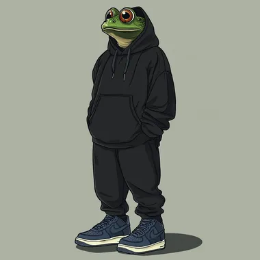 Create a minimalist image of a character that resembles the pepe frog in a black hoody, and dark blue airforce sneakers
