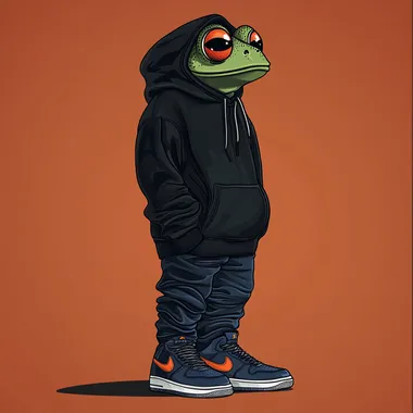 Create a minimalist image of a character that resembles the pepe frog in a black hoody, and dark blue airforce sneakers