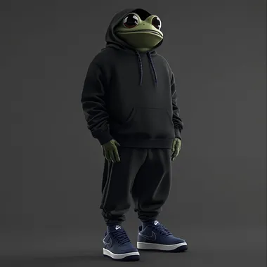 Create a minimalist image of a character that resembles the pepe frog in a black hoody, and dark blue airforce sneakers