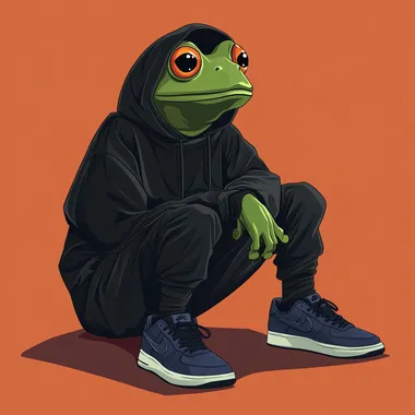 Create a minimalist image of a character that resembles the pepe frog in a black hoody, and dark blue airforce sneakers