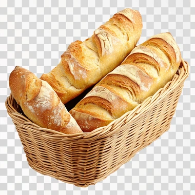 French Bread Basket Bakery Food, isolated on white background, png image