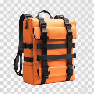 A solid orange backpack with black straps and pockets, centered on an isolated white background. The bag is made of matte fabric that reflects light and has multiple pocket-like sections at the front and back, with two horizontal rows across its upper part for carrying items like books or laptop screens. It features dark metal hardware such as zippers and buckles to make it visible against the soft color.