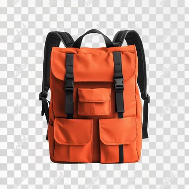 A solid orange backpack with black straps and pockets, centered on an isolated white background. The bag is made of matte fabric that reflects light and has multiple pocket-like sections at the front and back, with two horizontal rows across its upper part for carrying items like books or laptop screens. It features dark metal hardware such as zippers and buckles to make it visible against the soft color.