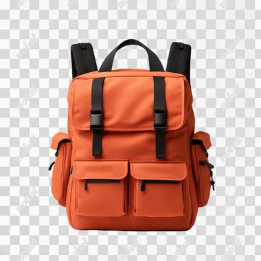 A solid orange backpack with black straps and pockets, centered on an isolated white background. The bag is made of matte fabric that reflects light and has multiple pocket-like sections at the front and back, with two horizontal rows across its upper part for carrying items like books or laptop screens. It features dark metal hardware such as zippers and buckles to make it visible against the soft color.