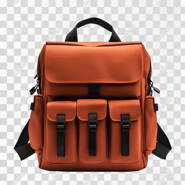 A solid orange backpack with black straps and pockets, centered on an isolated white background. The bag is made of matte fabric that reflects light and has multiple pocket-like sections at the front and back, with two horizontal rows across its upper part for carrying items like books or laptop screens. It features dark metal hardware such as zippers and buckles to make it visible against the soft color.