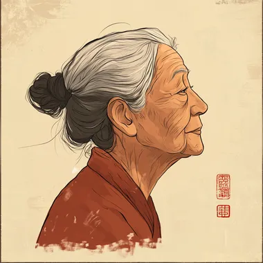 Illustration style, thin Chinese old woman with profile and lowered head