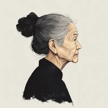 Illustration style, thin Chinese old woman with profile and lowered head