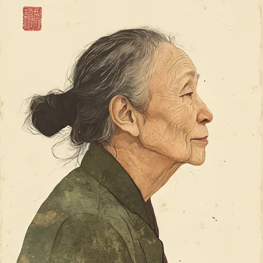 Illustration style, thin Chinese old woman with profile and lowered head