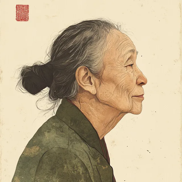 a portrait of an old woman with a bun in her hair