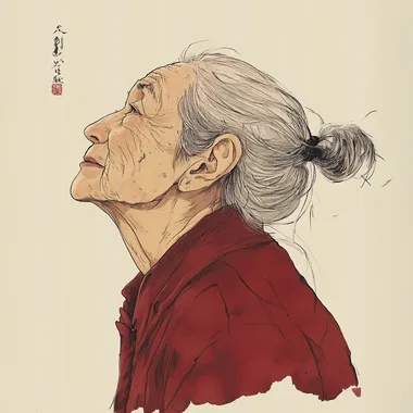 Illustration style, thin Chinese old woman with profile and lowered head