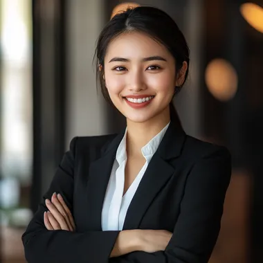 photo showing an Asian business woman smiling with satisfaction of solving his problem before mid-autumn festival